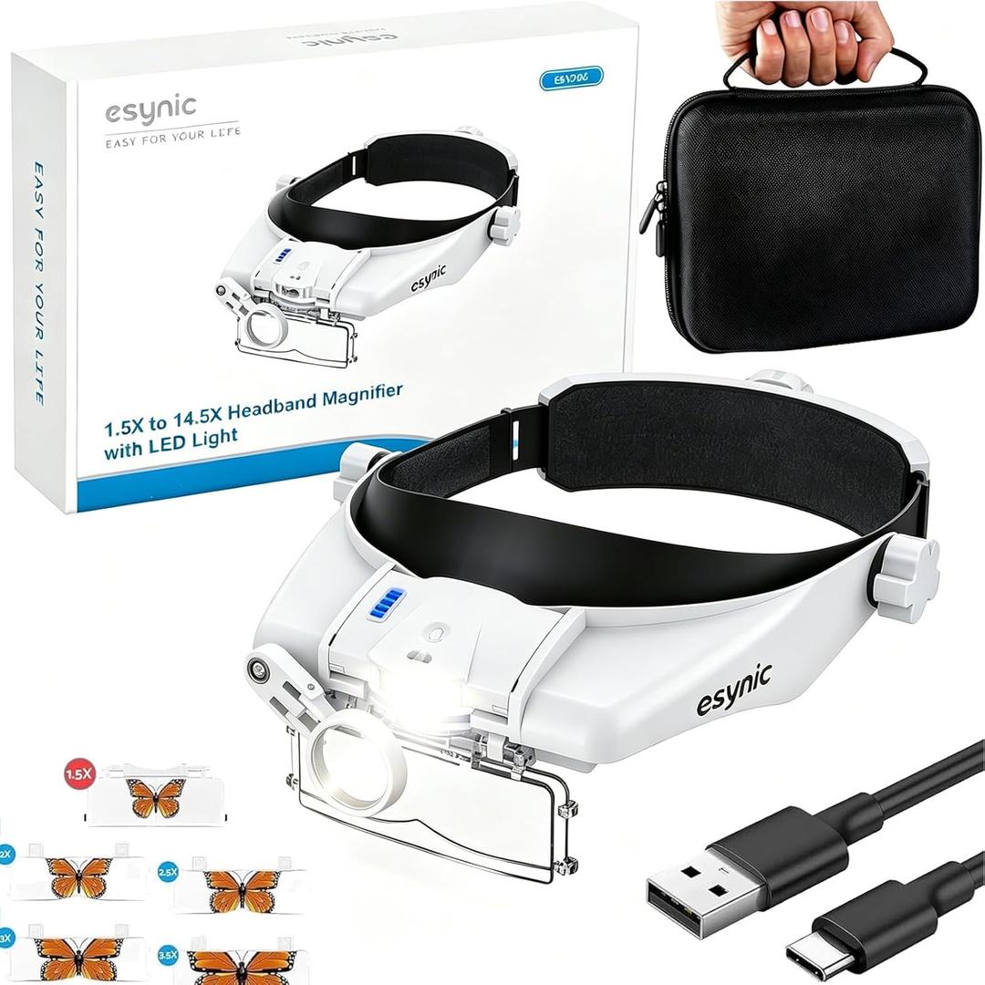 eSynic Comfort-Fit Head Magnifier with LED Light 1.5X-13X Magnification Ergonomic Headband MagnifyingGlasses with 5 Interchangeable Lenses + Storage Case for Reading/Jewelry/Crafts