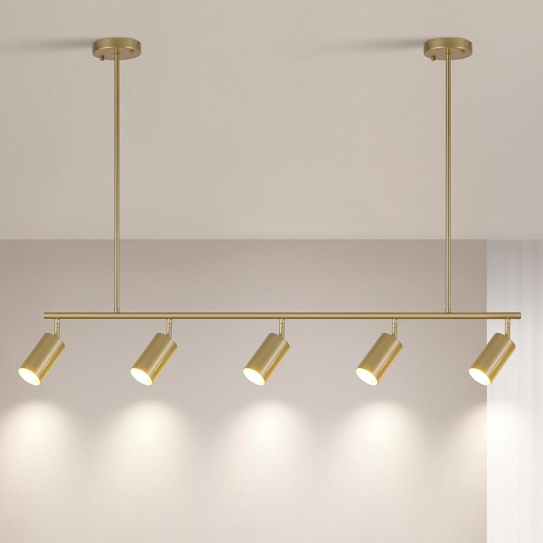 Modern Gold 5-Light Track Pendant Lighting, Adjustable Ceiling Spotlights for Kitchen, Dining, Living Room  Rotatable Heads, Dimmable Compatible, Industrial Linear Design