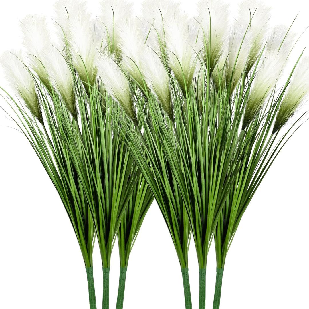 Vlorart 33" Artificial Plants 6 Pack Onion Tall Grass Greenery, Faux Fake Grass Shrubs Plant Flowers Wheat Grass for House Home Indoor Outdoor Office Room Gardening Indoor Dcor-White