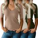 Ficerd 3 Pack Women's Half Sleeve V Neck T Shirts, Mid Elbow Length Sleeve Shirt Slim Fit Tunic Top Casual Summer Tee (X-Large, Khaki, Cream, Army Green)