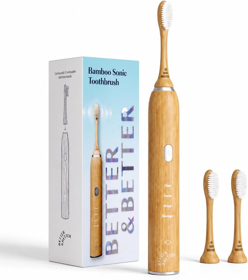 Better & Better Sonic Bamboo Electric Toothbrush for Adults | Rechargeable w/Plant-Based Bristles | Soft Brush Heads Included | 4 Cleaning Modes & Long-Lasting Battery | No Microplastics