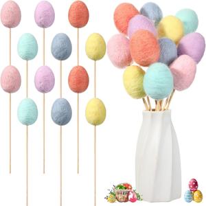 Beeveer 12 Pcs Felt Picks Bouquet Flower Felt Stick Use As Gift Artificial Bouquet Centerpiece Vase Filler Cake Topper DIY Crafting for Home Party Table Centerpiece(Light Colors, Egg)