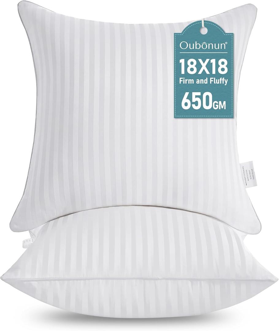 Oubonun 18 x 18 Throw Pillow Inserts, Firm and Fluffy Decorative Square Pillows for Couch Bed Sofa with Soft Cotton Cover White Cushion with Down Alternative Pack of 2