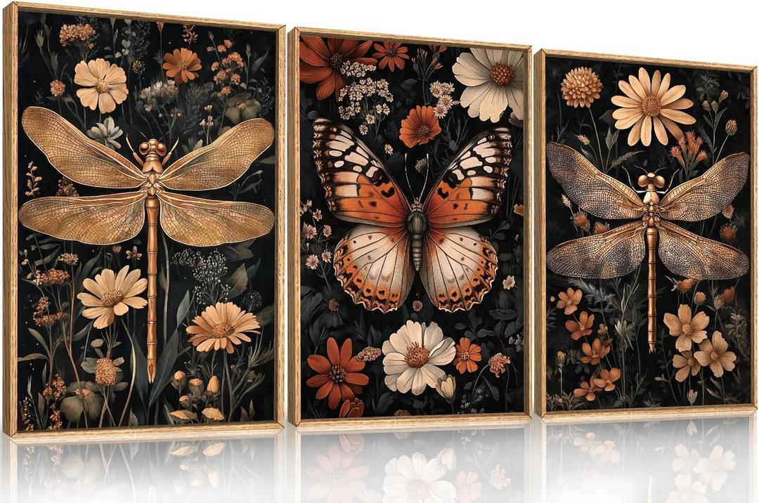Large Vintage Butterfly and Dragonfly Wall Decor Framed Canvas Wall Art, Retro Blossom Leaf Wall Decor, Dark Insect Plant Artwork, Moody Animal Floral Art Print for Living Room, Bedroom-16 x24 x3