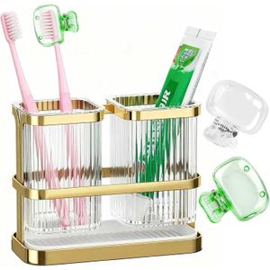 Toothbrush Holders for Bathrooms, Toothbrush Holder Wall Mounted, Kitchen Utensil Holder, 2 Cups Dry & Wet Separation, Kitchen Bathroom Tooth Brush Holder Organizers and Storage (White Gold)