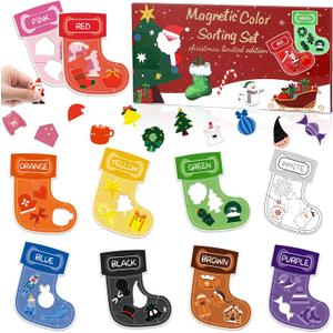 10 Pcs Christmas Toys Magnetic Color Sorting Set, Educational Xmas Stocking Whiteboard Fridge Magnets, Colors Matching Games Sensory Toys for Toddlers Kids Preschool Learning Activities