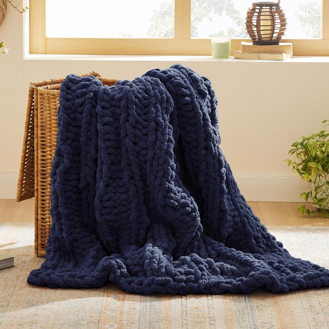 Bedsure Chunky Knit Throw Blanket for Couch - 100% Hand Knitted, 5.06 lbs GentleSoft Blanket with Giant Chenille Yarn for Bed Living Room Home Decor, Thick and Cozy, Navy, 50x60 Inches