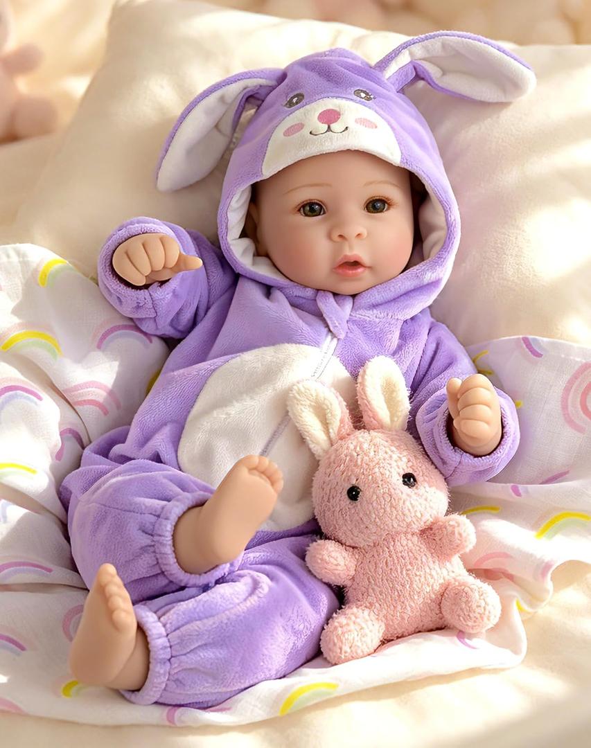 Aori Real Baby Dolls - 17 Inch Realistic Baby Doll with Soft Body & Purple Bunny Outfits for Girls 3+ Pretend Play, Dress Up, Nursery Decor