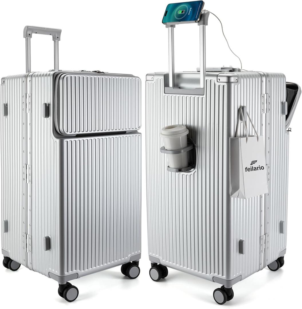 feilario Super Large Aluminum Frame Zipperless Checked Luggage Front Pocket, 30in