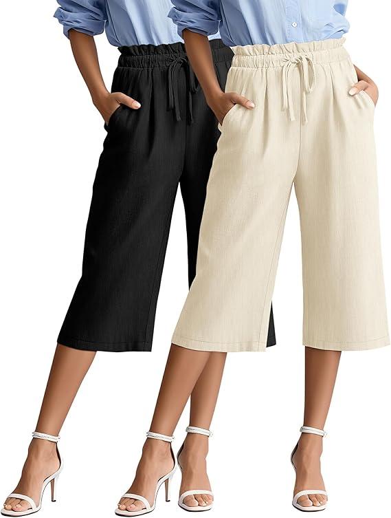 1 Pack Women's Wide Leg Linen Capri Pants Casual Cotton High Waist Cropped Palazzo Summer Trousers with Pockets XL