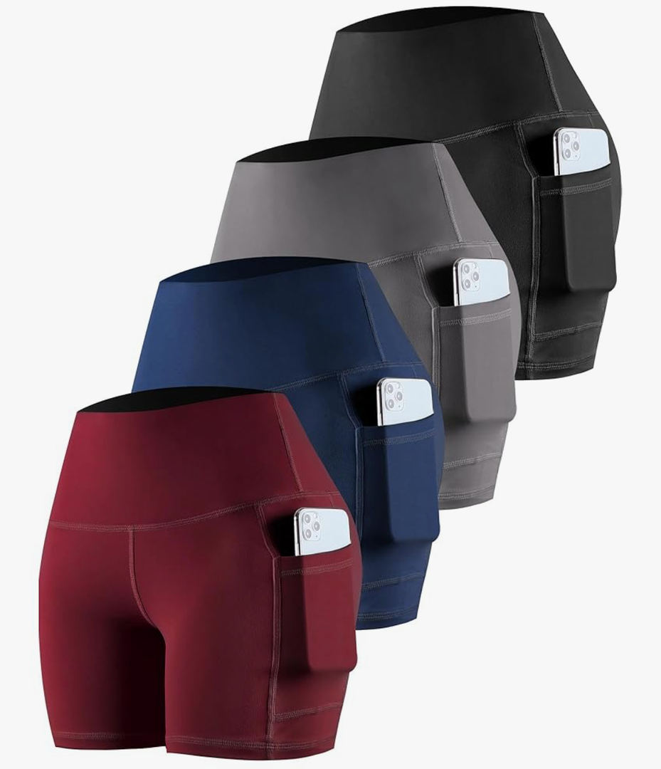 CHRLEISURE Womens Biker Yoga Shorts with Pockets: High Waisted Tummy Control Spandex Workout Athletic Gym Shorts 4 Packs Black/Gray/Navy /Burgundy L