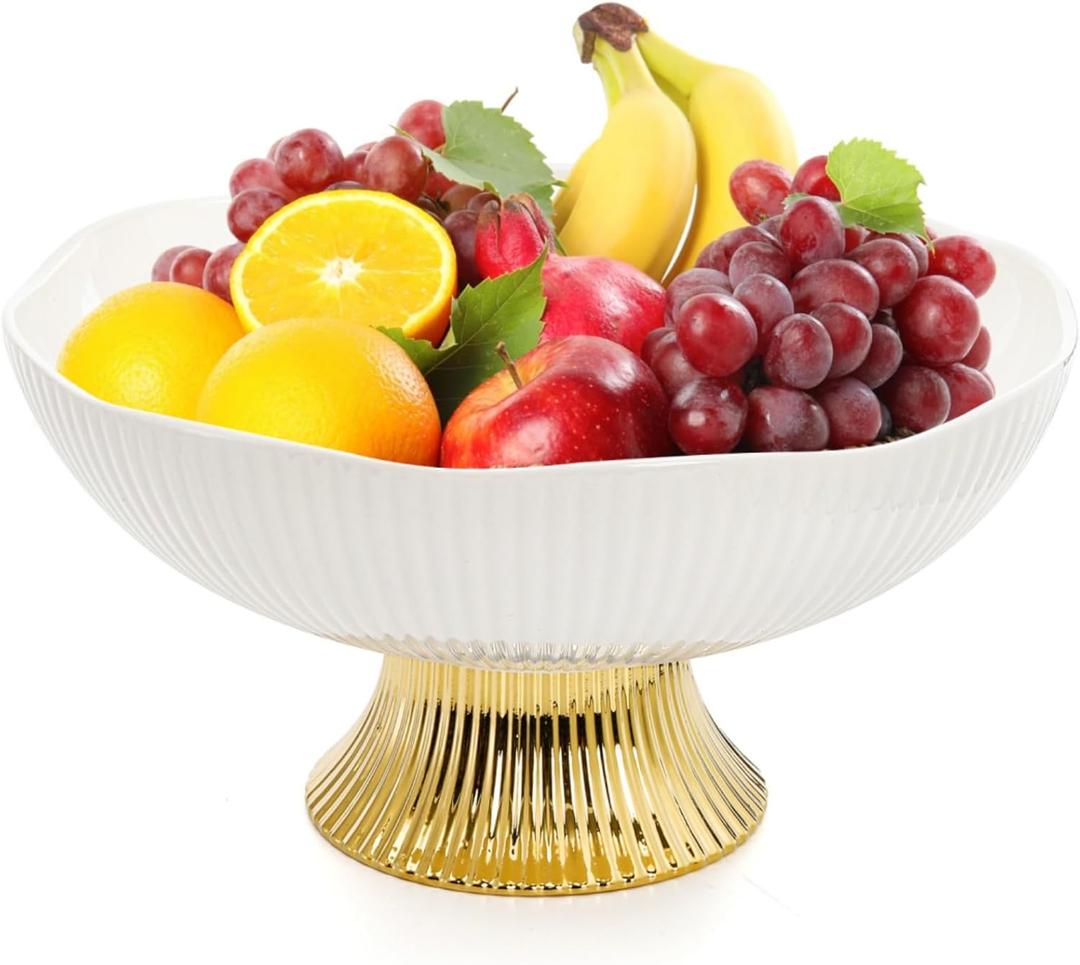 Ceramic Fruit Bowl, 10 Inch Decorative Pedestal Bowl with Golden Feet, Large Modern Footed Vegetable Basket for Kitchen Counter, Dining Table, Home Decor