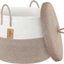 18" X18 X 14" Large Storage Basket with Lid, Blanket Basket Living Room, Woven Cotton Rope Storage Box, Lidded Kids Dog Toy Bin, Wicker Laundry Basket, Blankets Pillows Organizer Holder (Brown/White)