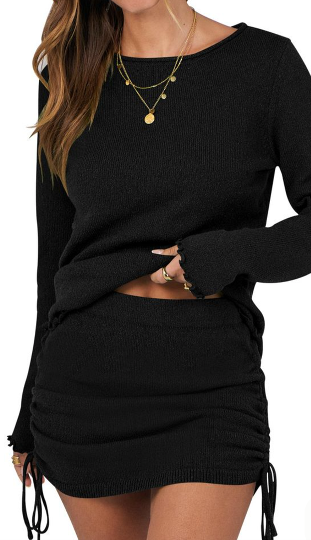 ANRABESS Women Long Sleeve Skirt Sets 2025 Fall Sweater Lounge Sets 2 Piece Beach Vacation Outfits Black, M