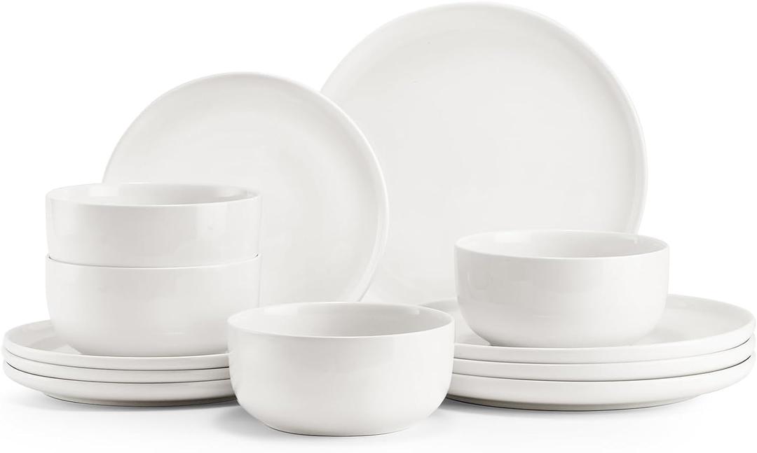 Jassceram Plates and Bowls Sets, 12-Piece Porcelain Dinnerware Sets for 4, Premium Chip and Scratch Resistant Dish Set, Microwave and Dishwasher Safe, Stackable Kitchen Set, White