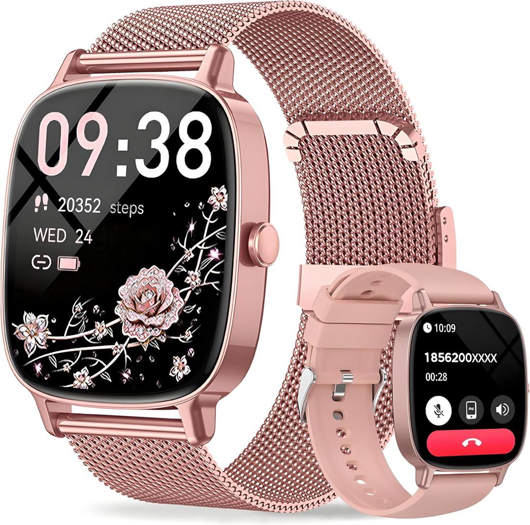 Smart Watch for Women, Answer/Make Call,1.85'' Ultra-Clear Screen Fitness Tracker with Heart Rate/Sleep/SpO2 Monitor,Smartwatch for iPhone/Samsung/Android,120+ Sport Modes,IP68 Waterproof with 2 Bands (Rose Gold)