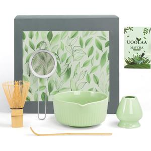 Ceremony Matcha Kit with Bamboo Scoop, Whisk, Holder, Sifter, Chawan Ceramic Bowl with Spout, 5 Pcs Green Japanese Matcha Whisk Set - High End Matcha Tea Set Gift for Matcha Lovers and Starters