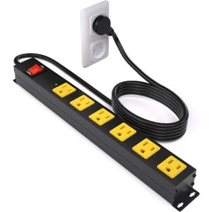 Heavy Duty 6 Outlet Metal Long Power Strip, 2700J Surge Protector with 15A Circuit Breaker, 15FT Extension Cord, Wall Mount for Garage, Workshop & Industrial Use, Wide Spaced (15ft)