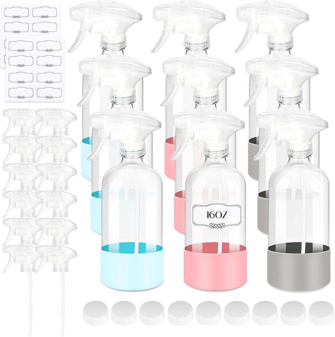 ZENOWICK 9 PACK/16 OZ Glass Spray Bottles with Upgraded Adjustable Spray Nozzle, Refillable Containers with Silicone Sleeve, Spray Bottle for Hair&Cleaning Solutions&Essential Oils-Pink Blue Gray