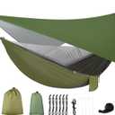 Camping Hammock with Rain Fly Tarp and Mosquito Net Tent Tree Straps, Portable Single Double Nylon Parachute Hammock Rainfly Set for Backpacking Hiking Travel Yard Outdoor Activities Green