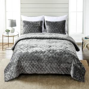 Fredsure Distressed Velvet Quilt Set, 3 Pieces Grey Queen, Distressed Velvet Face and Brushed Microfiber Reverse with Diamond Quilting