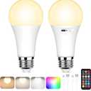 Yochoice Rechargeable Battery Operated Light Bulb with Remote Control, Dimmable LED A19 Bulb with 9 Colors Selectable & 3 Timer, Wireless Light Bulb for Wall Sconce, Non-Hardwired2 Pack