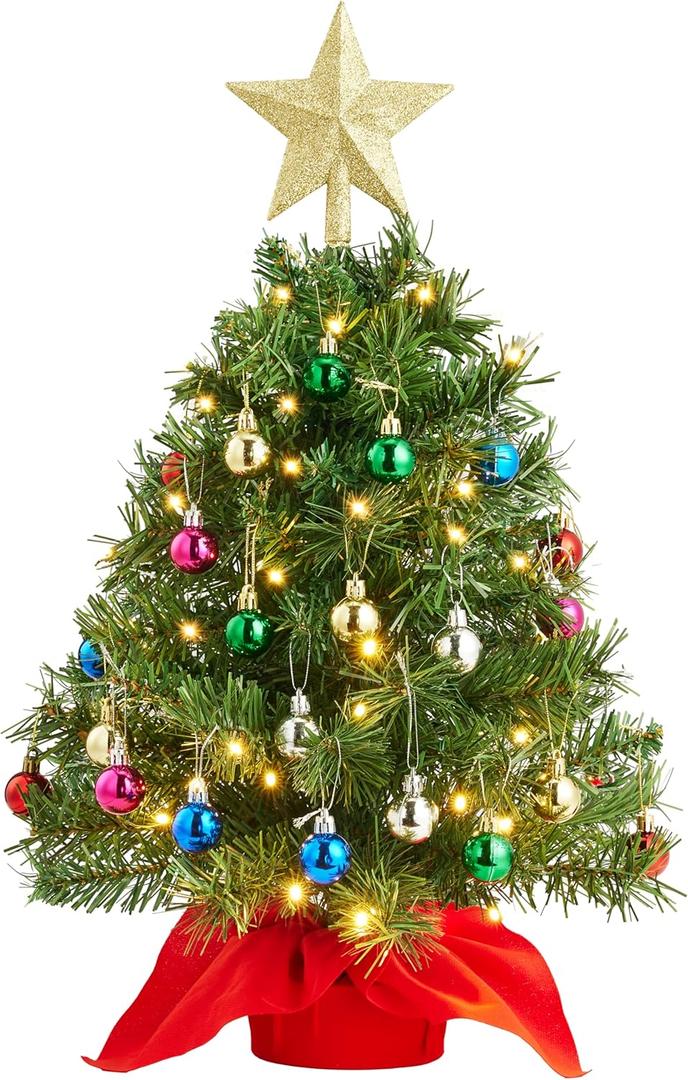 Joiedomi 24"/2FT Mini Christmas Tree Tabletop Set with Clear LED Lights, Artificial Mini Christmas Tree with Star Treetop and Hanging Ornaments, Best DIY Xmas Decorations