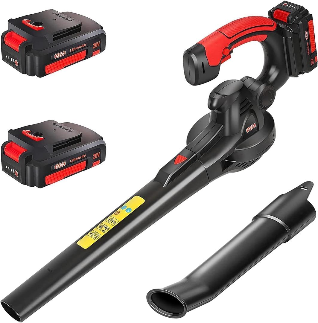 MZK Cordless Leaf Blower,20V Battery Powered Electric Blower for Lawn Care, Electric Lightweight Leaf Blower for Blowing Leaves, Patio Cleaning and Dust(2 * 2Ah Battery & Charger Included), Wine Red
