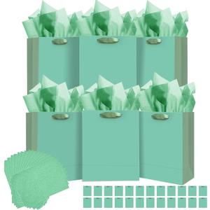 qiqee 24pcs Bean Green Gift Bags with Tissue Paper for Wedding, Birthday, Party Supplies-7.9"x4.3"x9.6" Medium Size Cardboard Gift Bags24pcs Bags + Tissue Paper