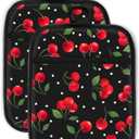 Swooflia 100% Cotton Pot Holders 2 Pack Set for Kitchen with Pockets - Cute 440°F Heat Resistant Oven Hot Pads Heavy Duty for Countertop Home Cooking Baking Microwave BBQ Cherry