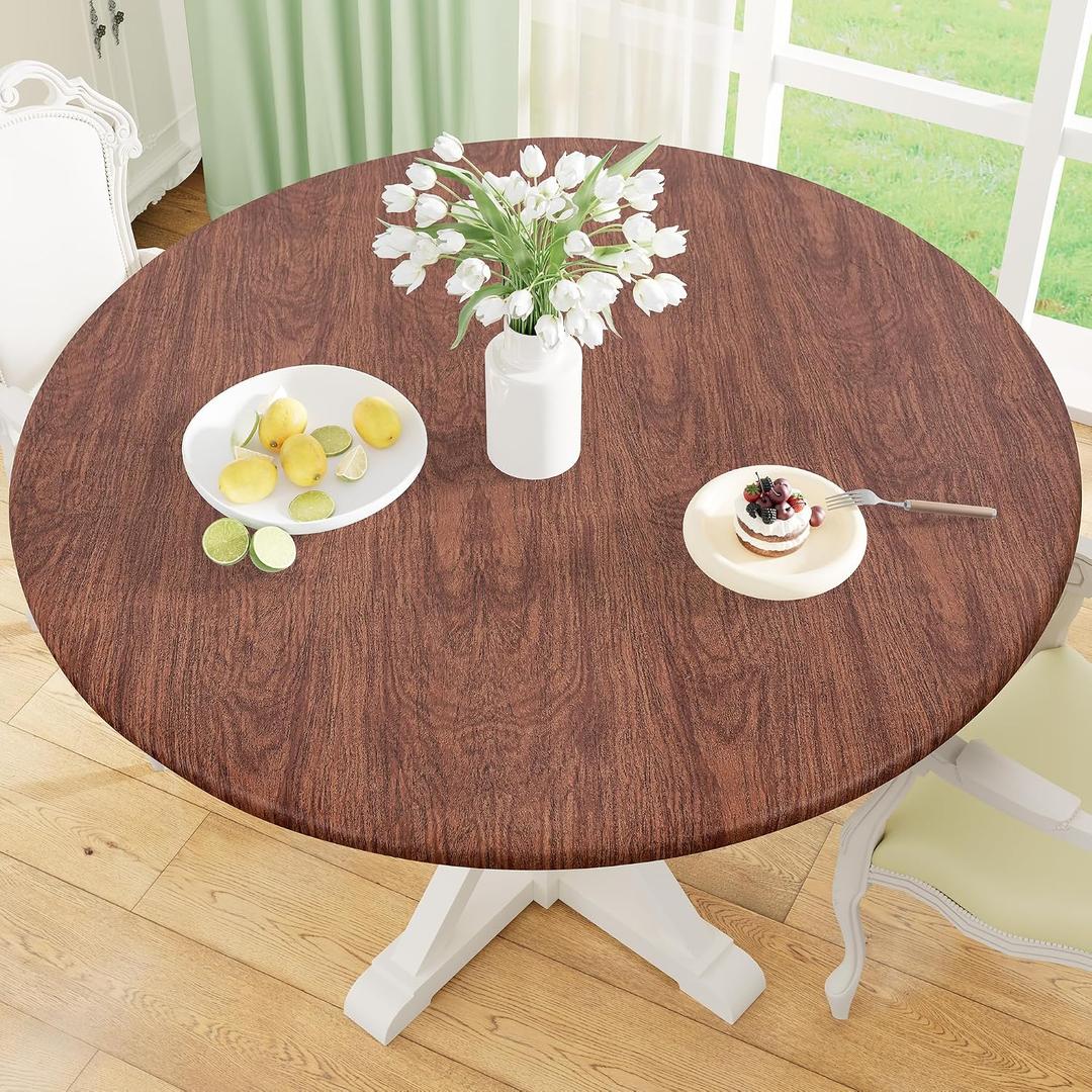 misaya Round Fitted Tablecloth with Elastic Edge, 100% Waterproof Oil Proof Plastic Table Cover, Vinyl Flannel Backed Tablecloth Fits 36"-44" Round Tables for Dinner, Outdoor, Picnic, Oak Wooden Grain