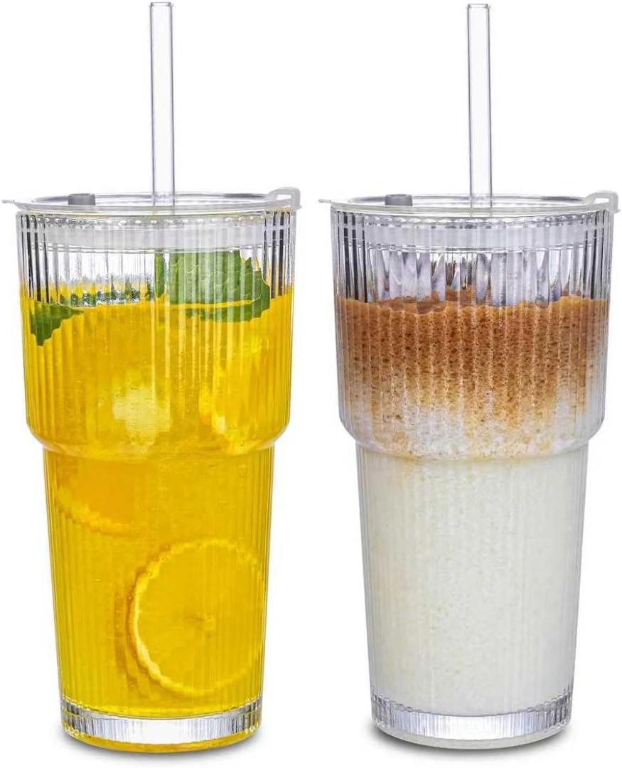 20oz Ribbed Glass Tumbler with Straw & Lid 2 Pack Iced Coffee Cups,Glass Mug for Cold & Hot Beverages Travel Cup for Smoothies, Tea, and Juice