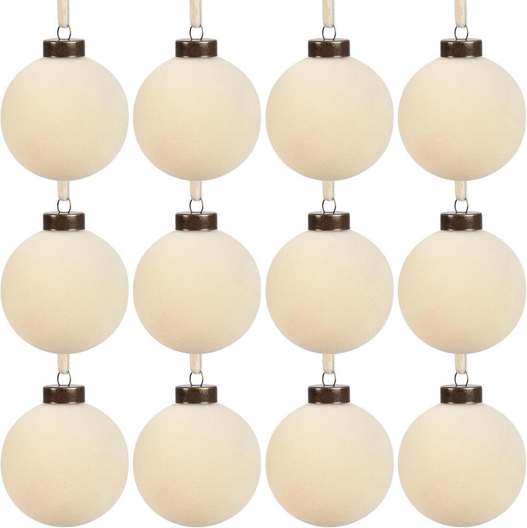 12 Pcs Velvet Christmas Balls Bulk Shatterproof Plastic Christmas Tree Decorations for Decorative Hanging Baubles (12, Beige, 2.36Inch)