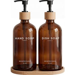 Amber Glass Hand and Dish Soap Dispenser Set by Brighter Barns - Kitchen Soap Dispenser Set with Tray - Bamboo Pump Bottles for Kitchen Sink - Modern Home Decor, Neutral Decor for Airbnb, Gift (Amber)