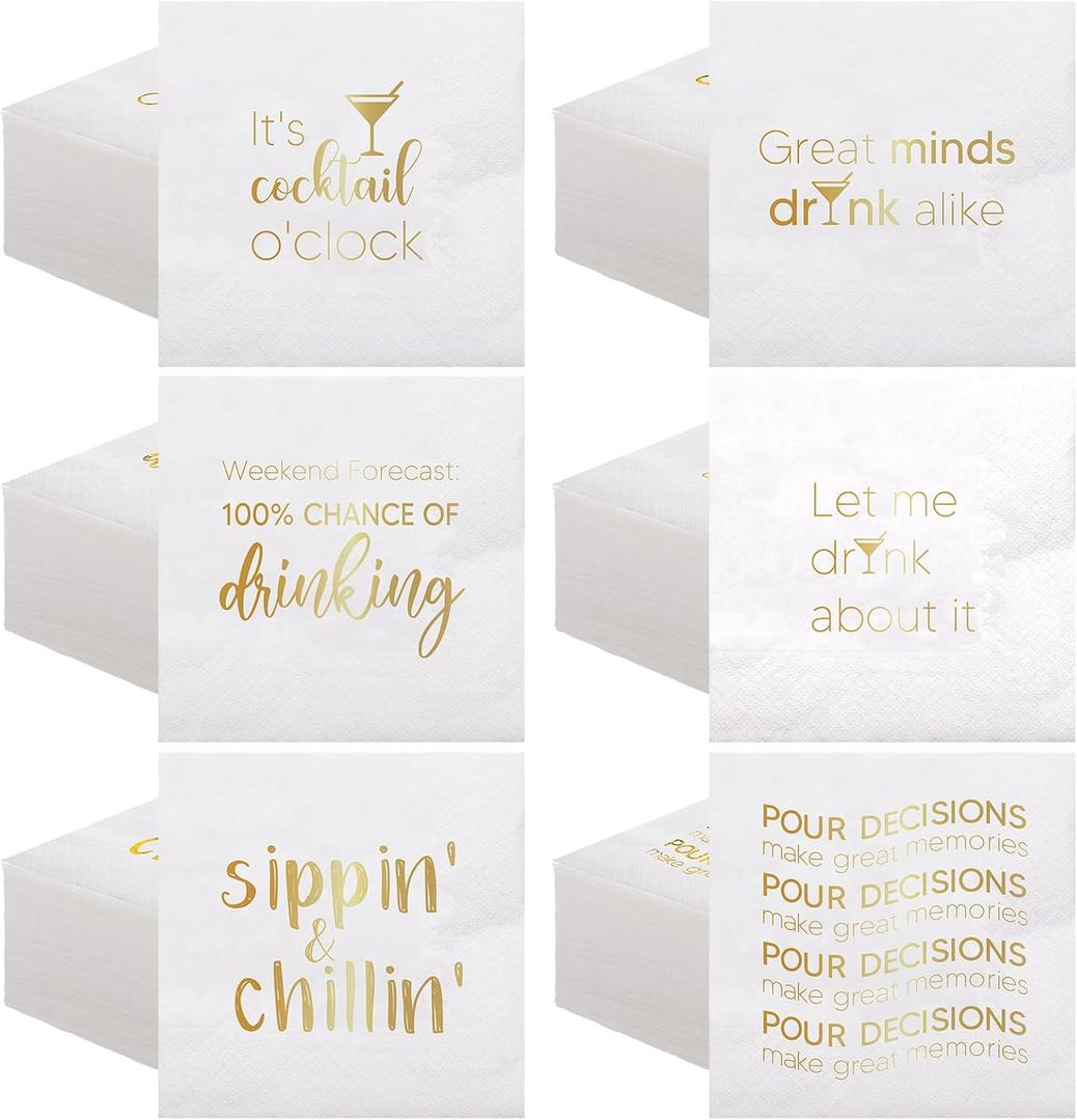 MotiMind 96 Pcs Funny Cocktail Napkins 5'' x 5'' Funny Napkins 2 Ply Funny Cocktail Napkins for Adult,6 Different Quotes Bar Napkins for Wedding Birthday Anniversary Holiday Party(Gold Font)