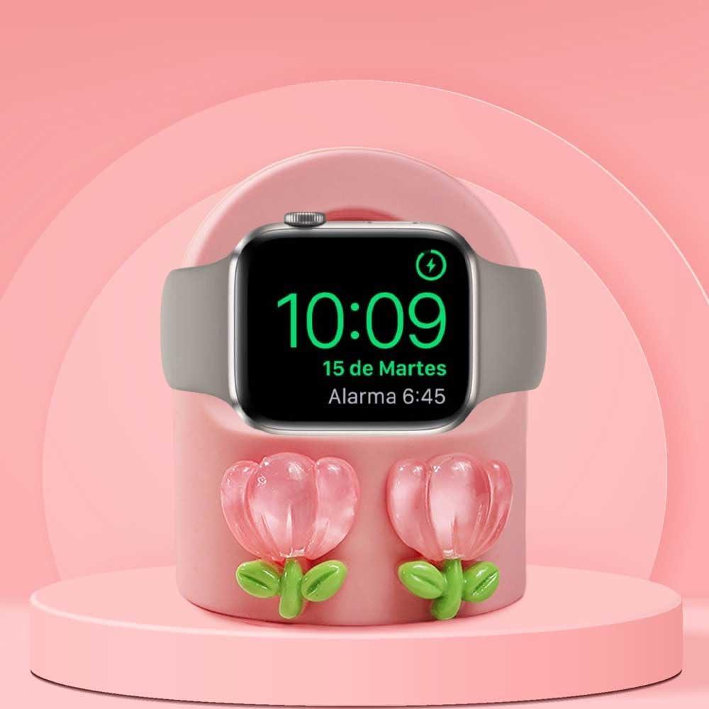 Cute Cartoon Tulip Charger Stand Fit for Apple Watch Series 10/9/8/SE2/SE/Ultra2/Ultra/7/6/5/4/3/2/1(49mm 45mm 44mm 42mm 41mm 40mm 38mm), Silicone iWatch Charging Dock Supports Nightstand Mode