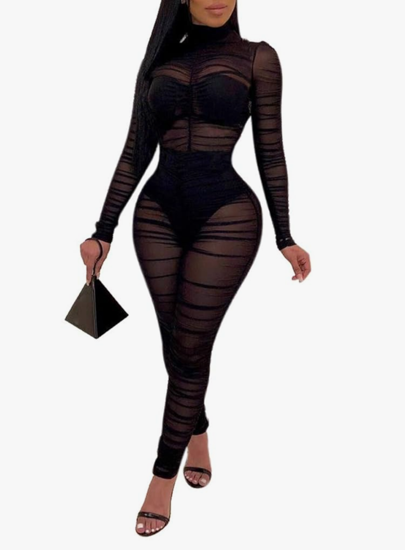 Uni Clau Women One Piece Outfits Mesh Sheer Bodycon Jumpsuit Long Sleeve See Through Party Club Outfits for Women(No Size)