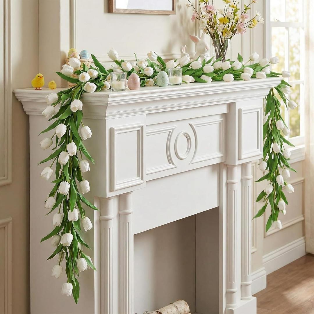 XunYee 2 Pcs 4.6ft Artificial Tulip Garland White Tulip Faux Flowers for Valentine's Easter Day Decoration, Spring Garland with Green Leaves Hanging Vines for Wall Home Wedding Indoor Outdoor Decor