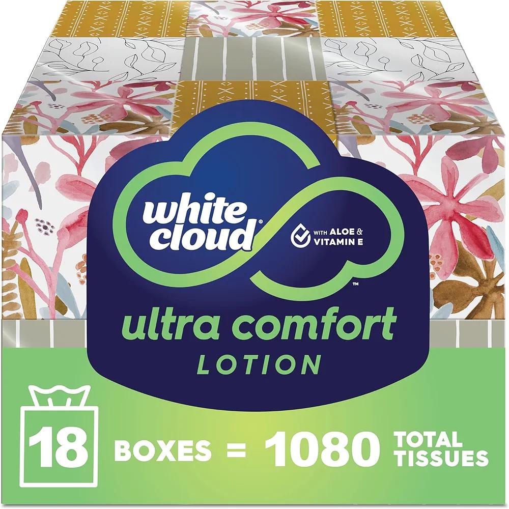 White Cloud Ultra Comfort Lotion 3-Ply Facial Tissue with Aloe & Vitamin E, 18 Box Multipack, 60 Tissues Per Box