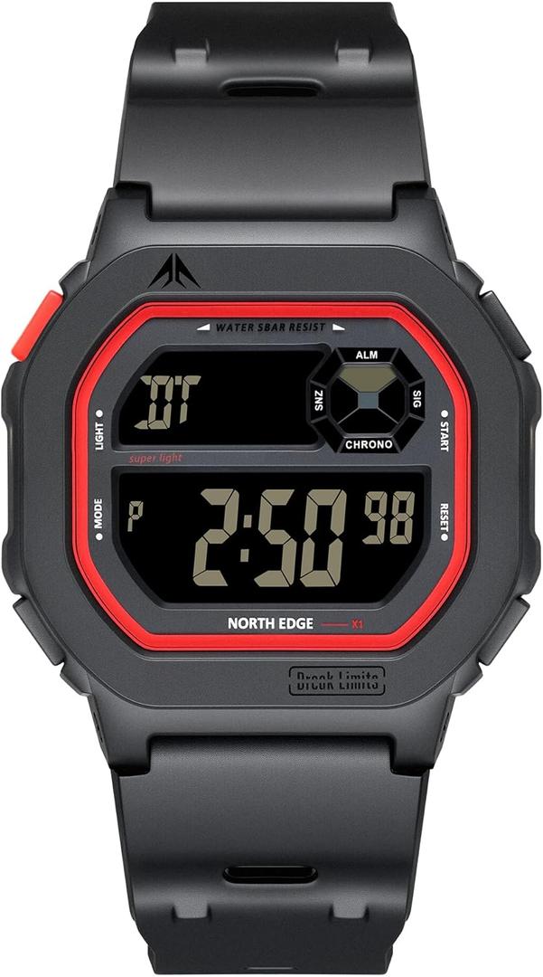 NORTH EDGE Mens Women's Digital Watch, Lightweight Sports Watch with LED Backlight, 50M Waterproof, Alarm Stopwatch Countdown Timer, Dual Time, Everyday Value Watch for Work Running (Red-Black)