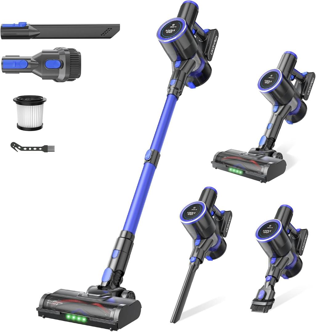 Cordless Vacuum Cleaner, 550W 50KPa 45Mins Vacuum Cleaners for Home, Self-Standing Stick Vacuum with Anti-Tangle Brush & LED Display for Hardwood Floors, Carpet, Pet Hair, Car (Blue)