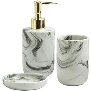 Comeon Ceramic Bathroom Accessory Set, 3 Pcs Marble Design Bathroom Vanity Countertop Accessories Set with Soap Dispenser, Tumbler Cup, Soap Dish for Modern Bathroom Home Decor (3 Piece Set-Round)