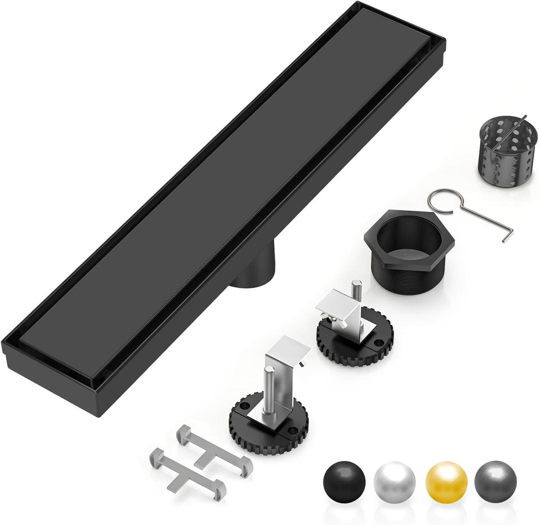 DLONE® Linear Shower Drain - 18 Inch Matte Black, with Tile Insert Panel