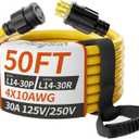 PlugSaf 50FT 30 Amp Generator Extension Cord 4 Prong, NEMA L14-30P/L14-30R 10 Gauge STW 125/250V Twist Lock Generator Cord Heavy Duty, Yellow ETL Listed