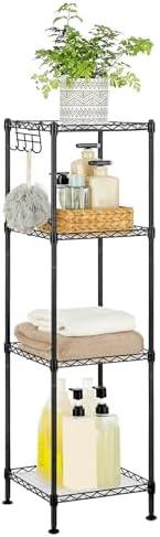 SONGMICS 4-Tier Bathroom Shelf, Storage Rack for Small Space, with 4 PP Shelf Liners, Removable Hook, Extendable Design, Ink Black and Translucent ULGR104B01