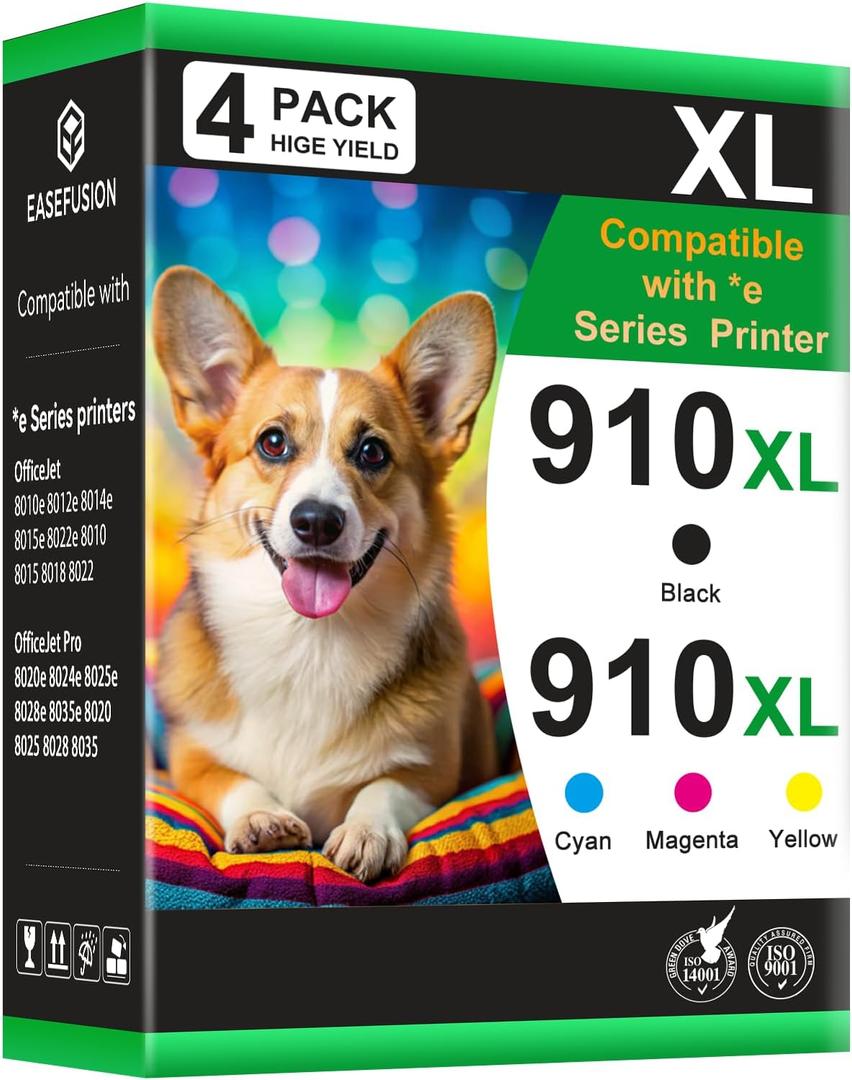 910XL Ink Cartridges Combo Pack for HP 910 Ink Cartridges for HP Printers HP910XL 910 Multipack XL Color HP910 910XL Black and Color Combo Pack Work for Office Jet Pro 8020 8010 8015 Printers, 4 Pack
| Black Cyan Magenta Yellow