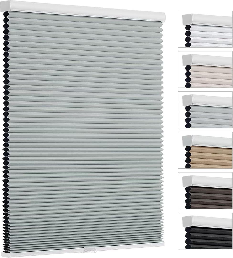 Changshade Cordless Cellular Shades, Blackout Room Darkening Black Out Honeycomb Blinds for Indoor Windows Bedroom, Pull Down Pleated Accordion Blind Easy Install, Shade Size 36" Wx64 H, Gray