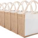 Jute Tote Bag MEIANJUN Small12.5"x8.5"x5.1"Bridesmaid Tote Bags retro tote Bag, country chic Arts and Crafts DIY Bag Jute Bags 6pcs with Handle Resuabale Grocery Bag for Tra 6 Pack of Brown White