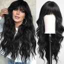 HAIRCUBE Black Wig Long Curly Wig with Bangs Natural Appearance Heat-Resistant Synthetic Wig Suitable for Fashionable Women