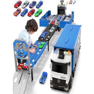 Race Car Track Toy Truck Toy with Slots & Foldable Race Tracks Transport Car Carrier Toy for Toddlers Cars Toy Set Container Truck Toy with 8 Alloy Cars Vehicles Toy Set for 3+ Kids Boys Girls